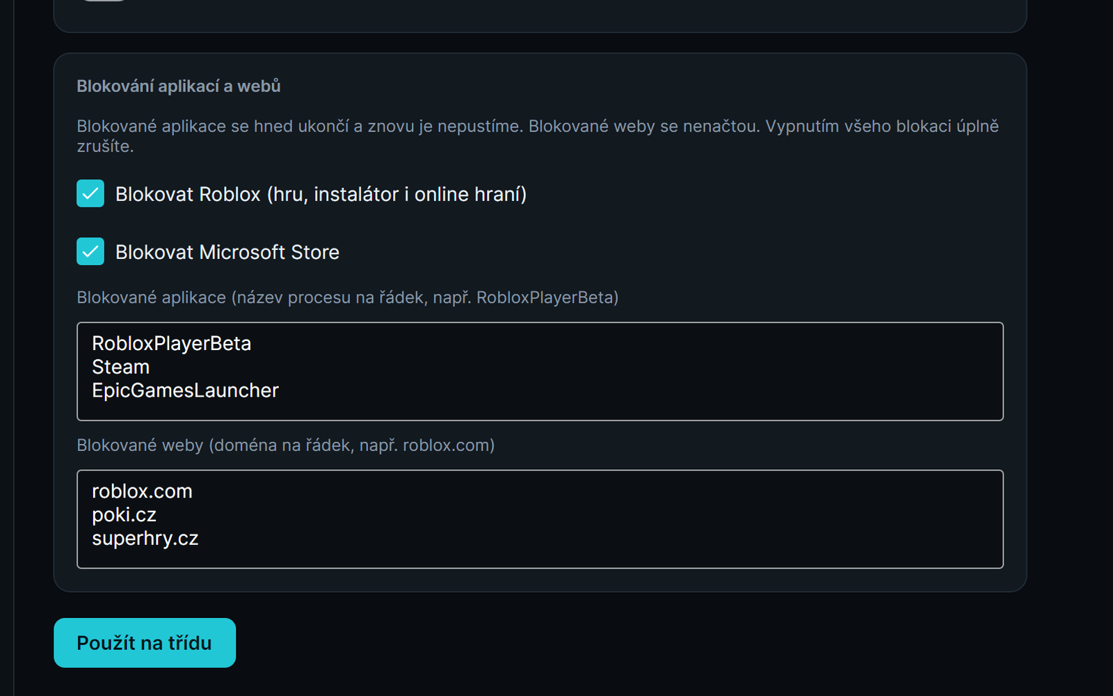 Nastavení, Blokování aplikací a webů: zaškrtnuté Blokovat Roblox a Blokovat Microsoft Store, pod nimi seznam blokovaných aplikací a blokovaných domén.